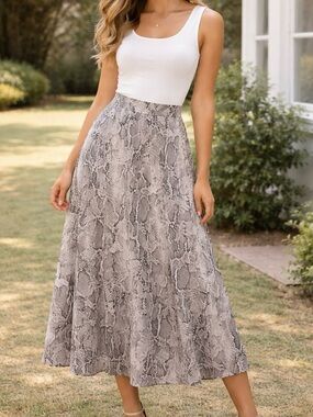 White House Black Market Gray Neutral Snake-Print Midi Skirt